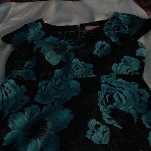 Eliza J Cocktail Dress Teal Blue Black Jacquard Brocade Embellished Beads